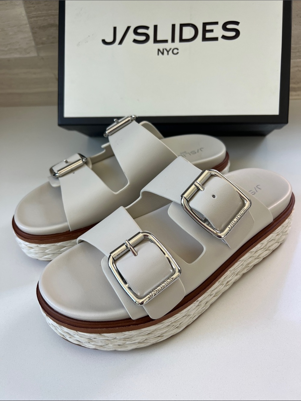 J/SLIDES bone leather Bonnie open toe adjustable platform woven heels sandals 8